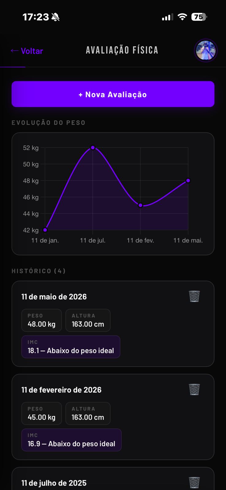Tela de avaliação física