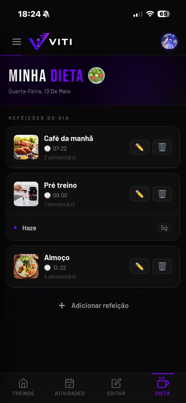 Tela de controle de dieta